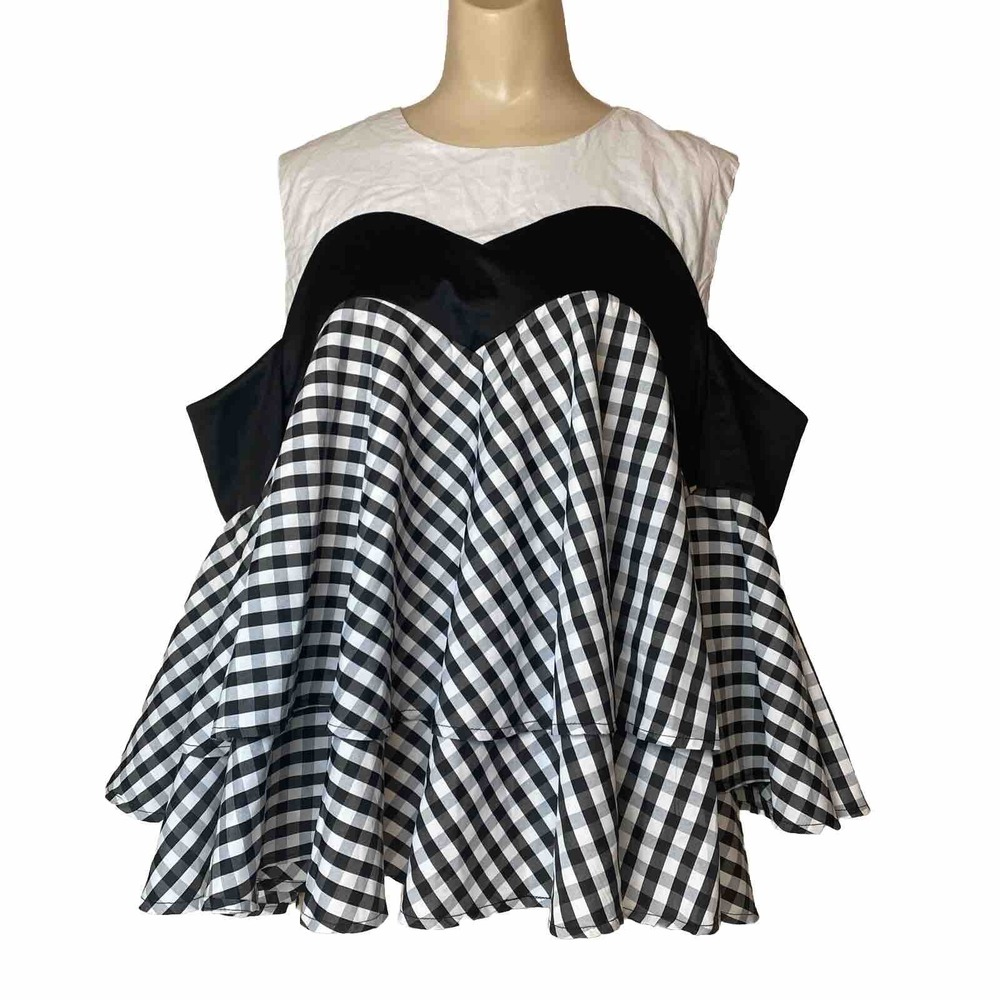 Step In Style Womens L Top Unique Art to Wear Black White Plaid Cold shoulder